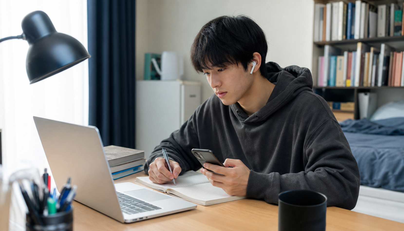 学生寮でオンライン学習用の回線を確認するイメージ