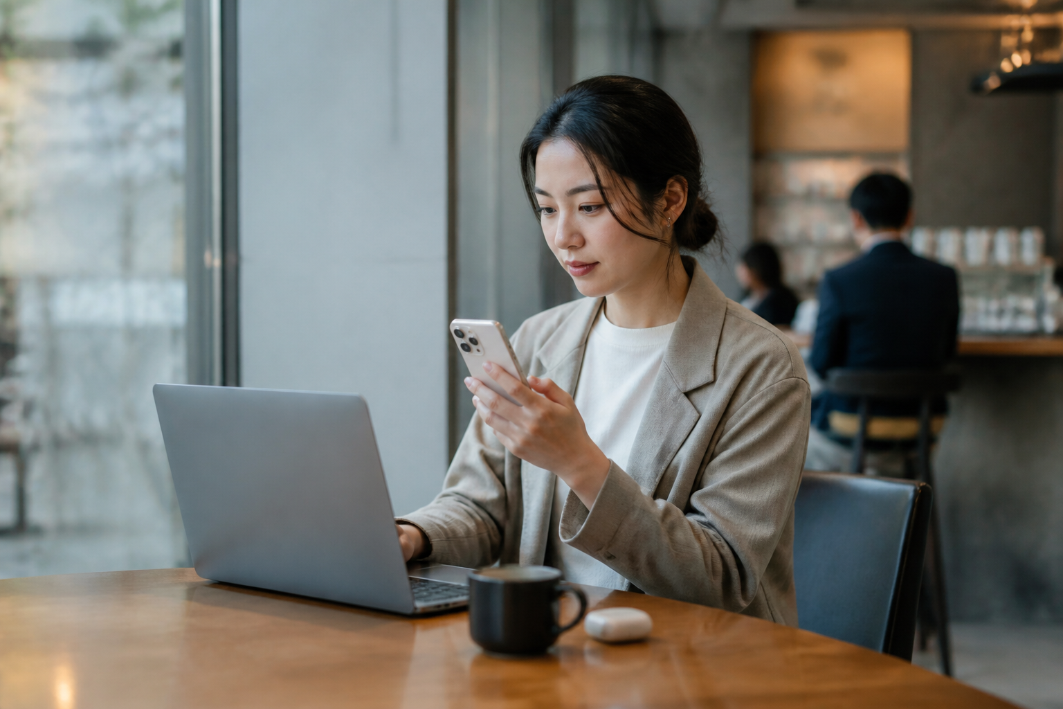 カフェでフリーWi-Fiを使わずスマホ回線を利用するイメージ