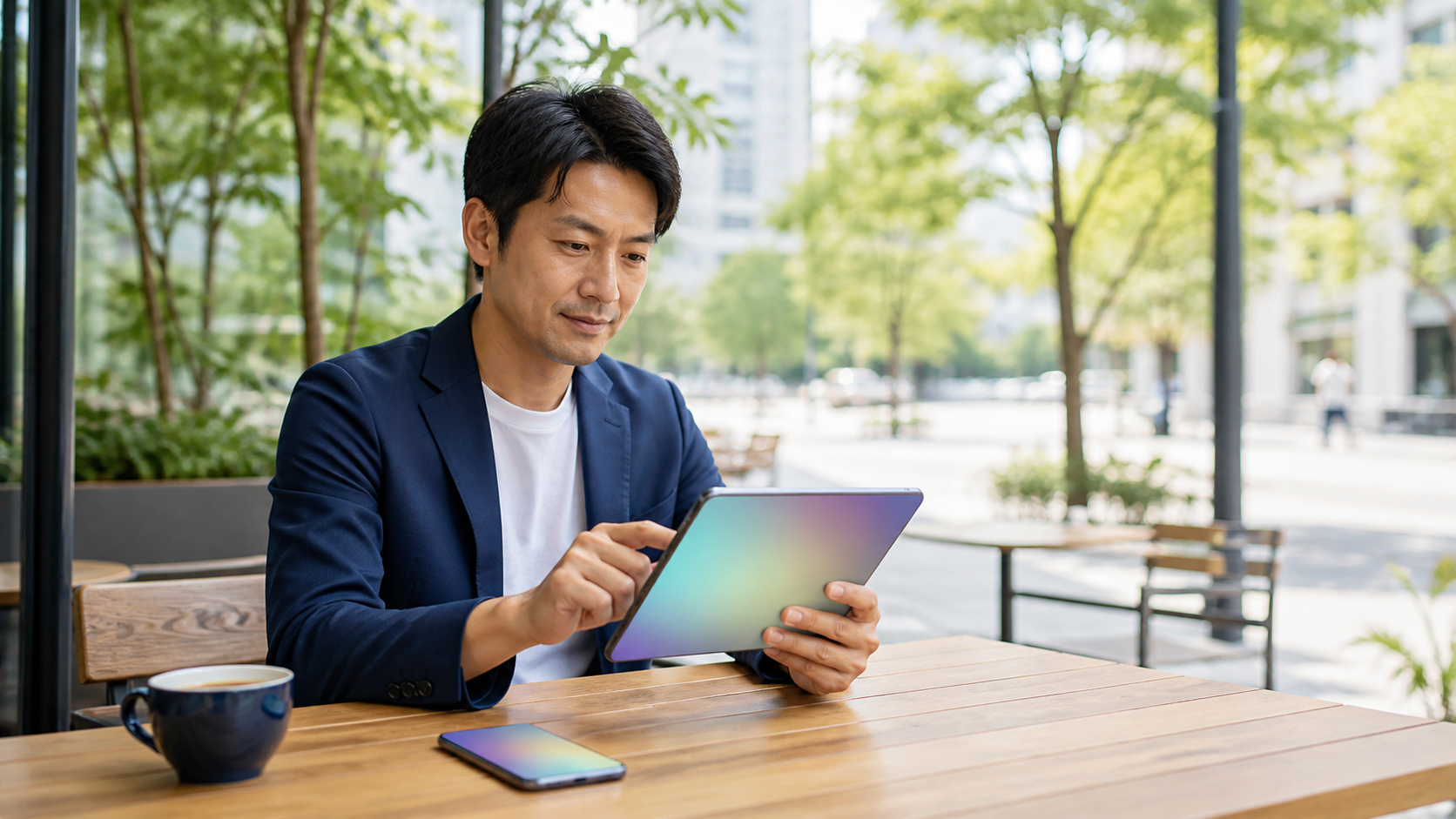 外出先でタブレットとスマートフォンを使う拓也さん