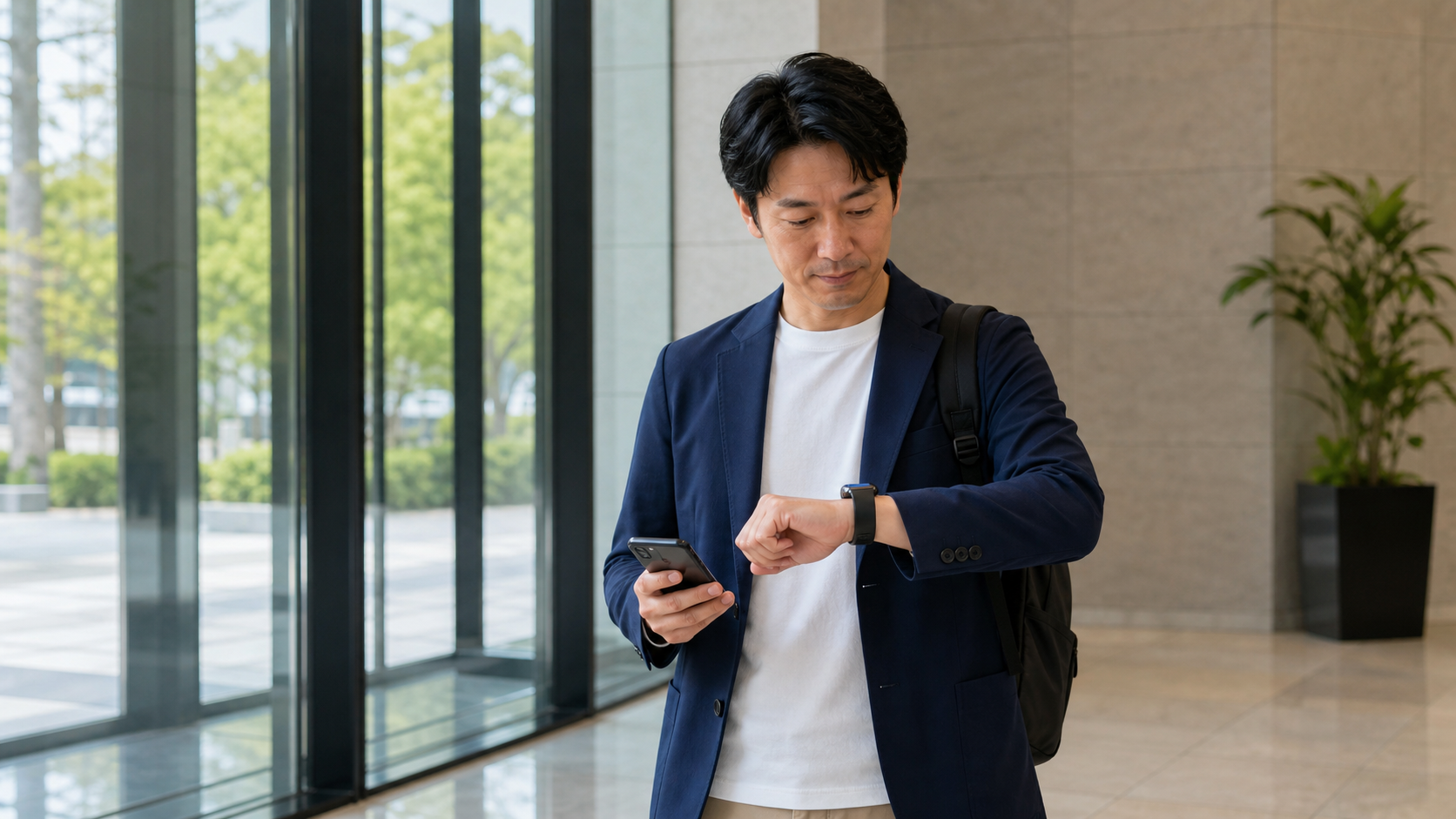 スマートウォッチとスマートフォンの接続を確認するビジネスマン