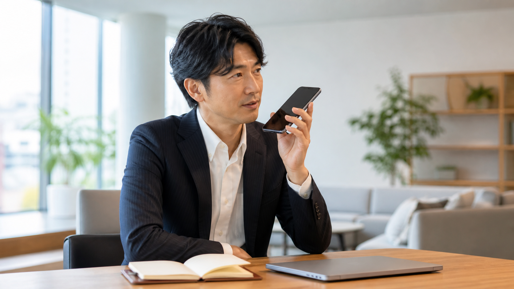 留守番電話の伝言を確認するビジネスマン