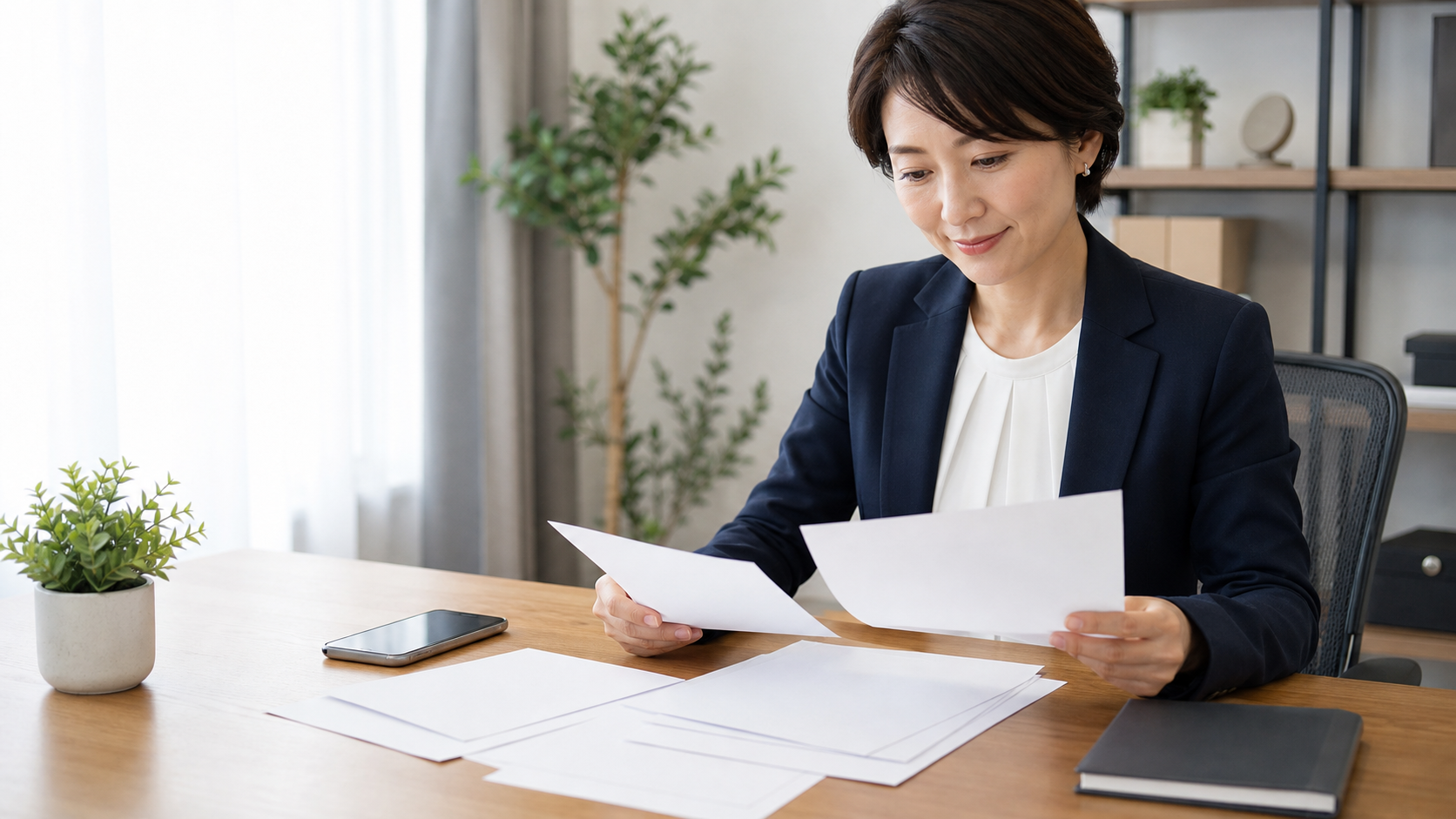 楽天モバイルの利用明細と経費書類を整理するビジネスウーマン